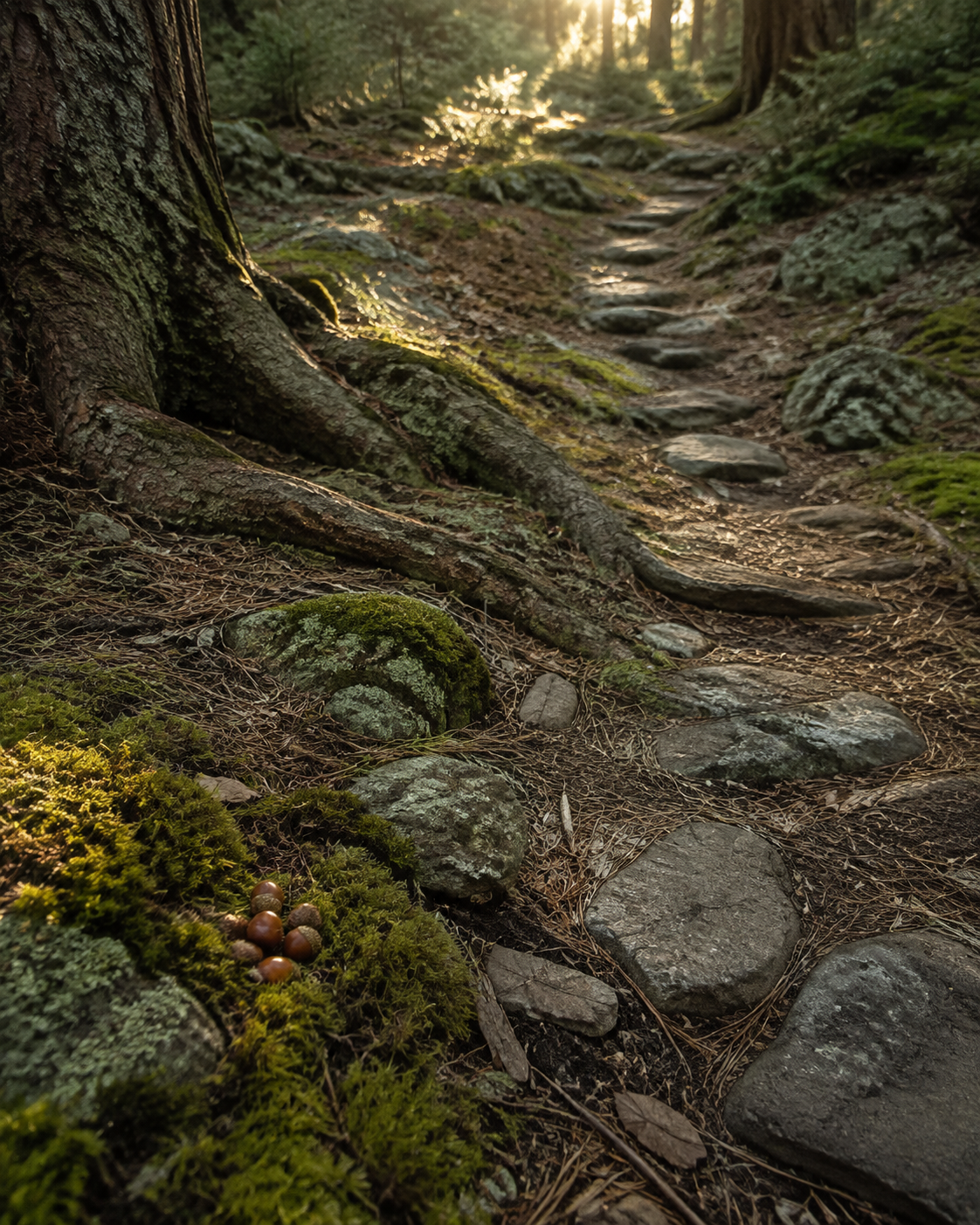 Tree roots, acorns, sunlight and a repeated stone path in a forest